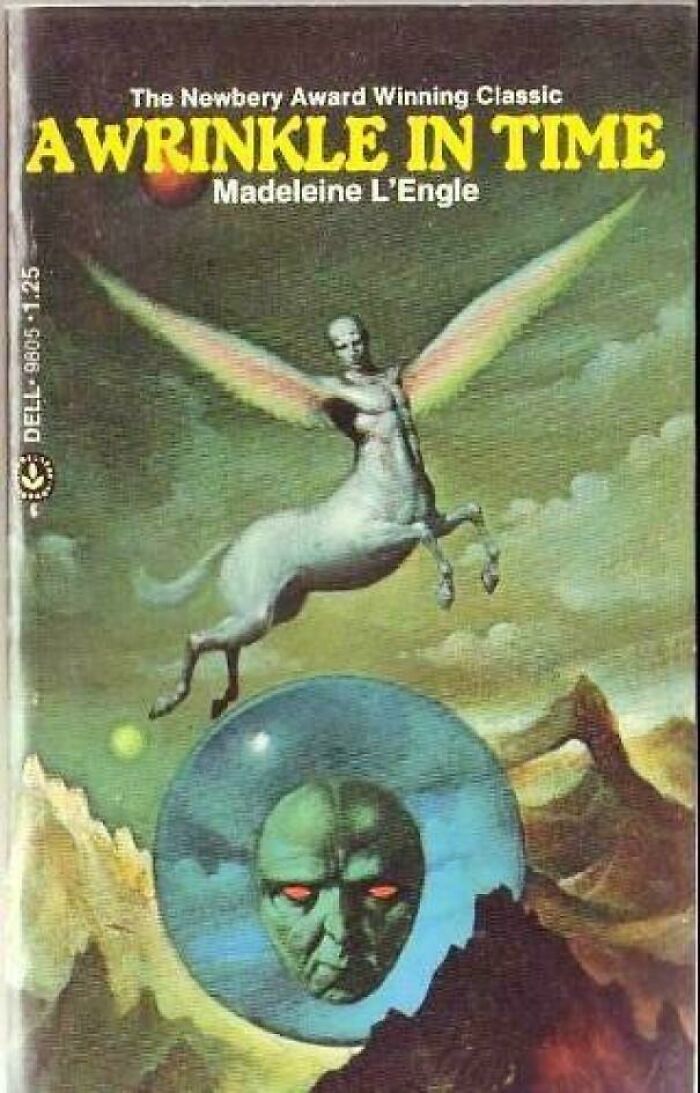 A classic "A Wrinkle in Time" book cover with a winged centaur and a floating green face with red eyes.