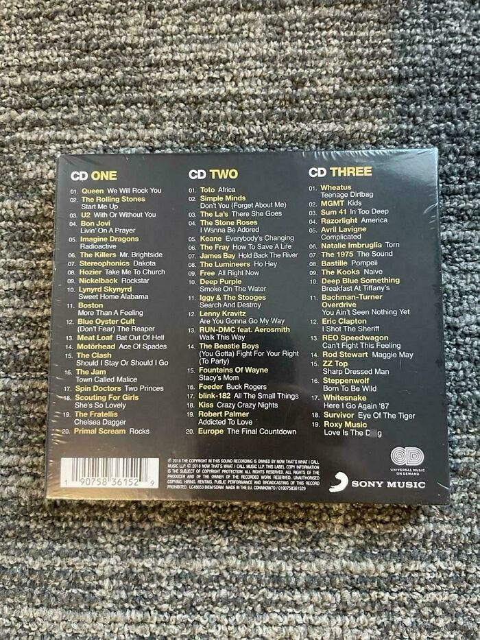 Back of a classic rock CD box set featuring popular bands and songs that make people who recognize them feel very old.