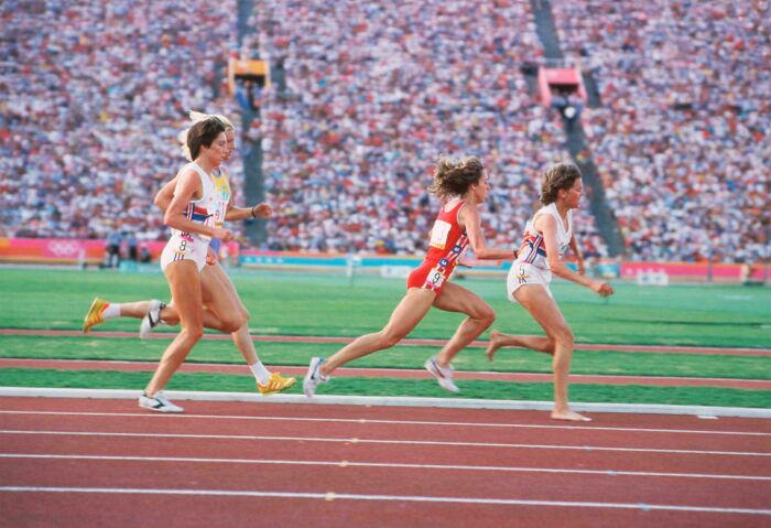 Female Olympic runners competing on a track, a nostalgic moment for those who recognize them and feel very old.