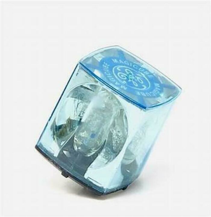 Clear blue Magic Cube pencil sharpener, a nostalgic item that makes people who recognize it feel very old.