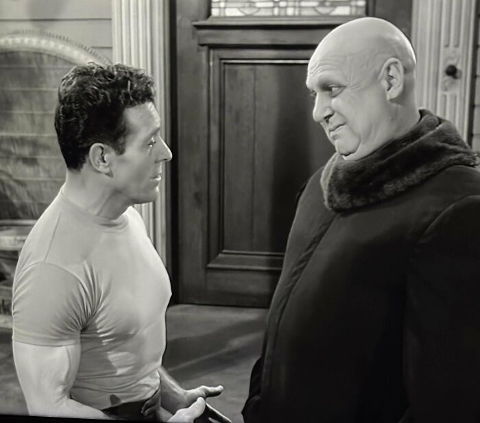 Black and white scene from an old TV show, featuring two men in conversation, evoking nostalgia and feeling very old.