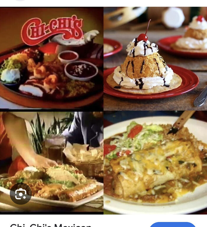 Collage of nostalgic Chi-Chi’s Mexican food dishes and desserts that make people who recognize them feel very old.