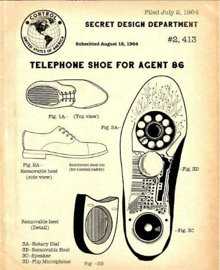 Vintage secret design patent showing a telephone shoe concept with rotary dial and speaker from 1964, evoking nostalgia and feeling old.