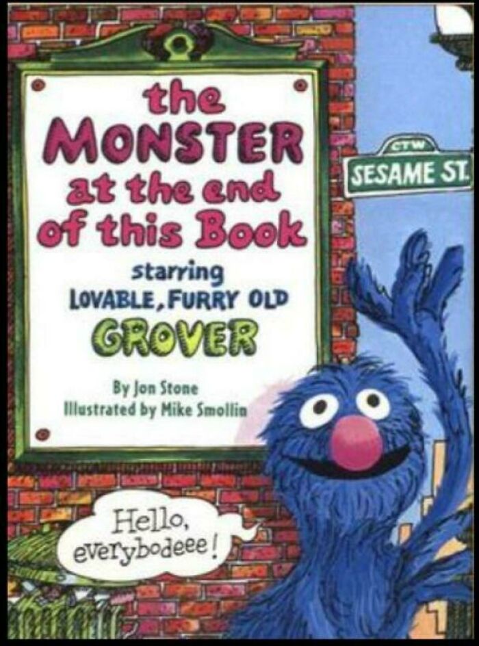 Grover from Sesame Street waving next to a book cover titled the Monster at the End of this Book, a nostalgic image.