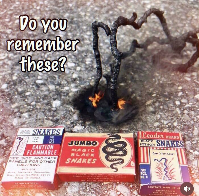 Old-fashioned magic black snakes burning on pavement with vintage packaging, evoking nostalgia and making people feel very old.