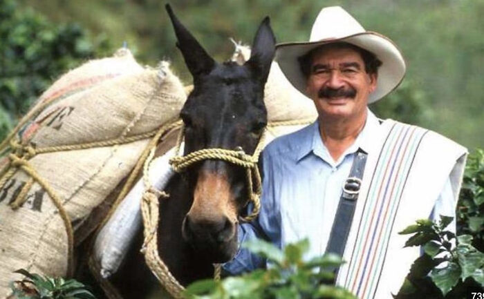 Man wearing a white hat standing next to a donkey carrying sacks, a nostalgic image recognized by many who feel very old.