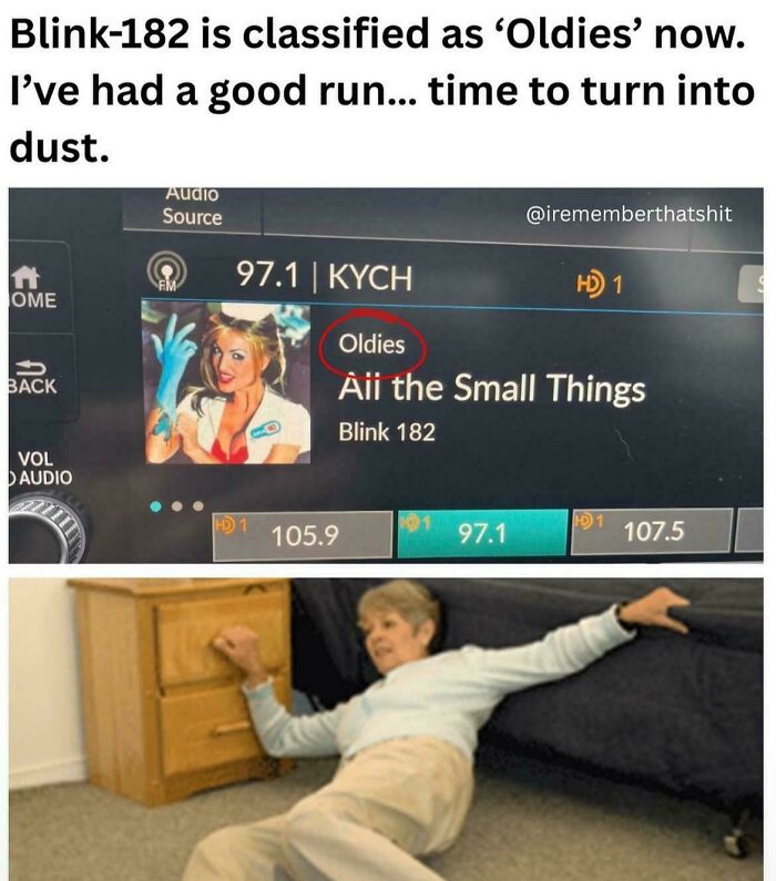 Car radio screen shows Blink-182 classified as oldies, with a humorous image of an elderly person falling.