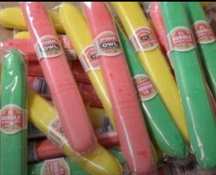 Colorful vintage Pink Owl and El Bubble bubble gum sticks wrapped in plastic, a nostalgic item that makes people feel very old.