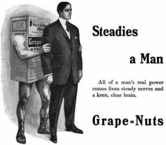 Vintage Grape-Nuts cereal ad showing a strong man steadying a businessman, evoking nostalgia for older generations.