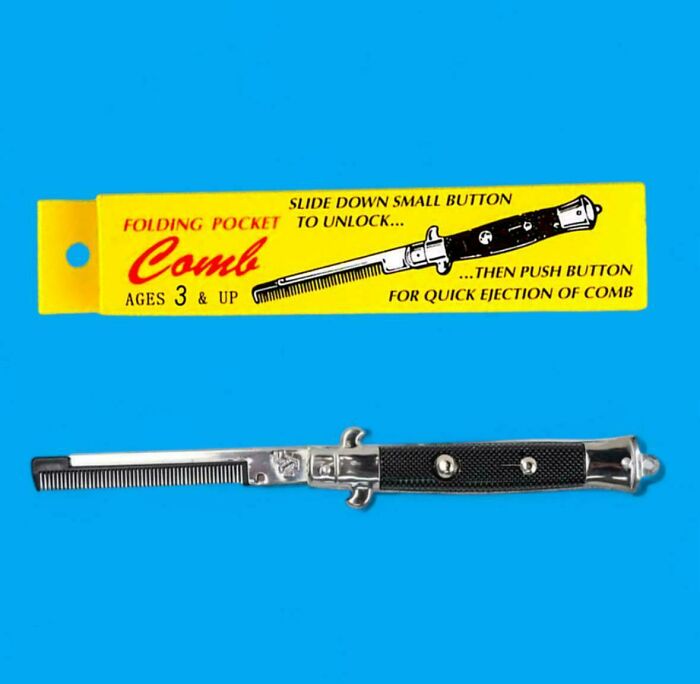 Vintage folding pocket comb shaped like a switchblade against a blue background, a nostalgic item that makes people feel old.