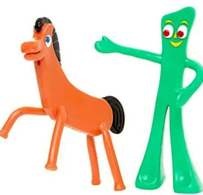Green Gumby and orange Pokey figures, classic toys that make people who recognize them feel very old.