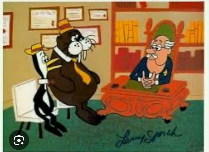 Cartoon characters in a retro office scene, evoking nostalgia for people who recognize them and feel very old.