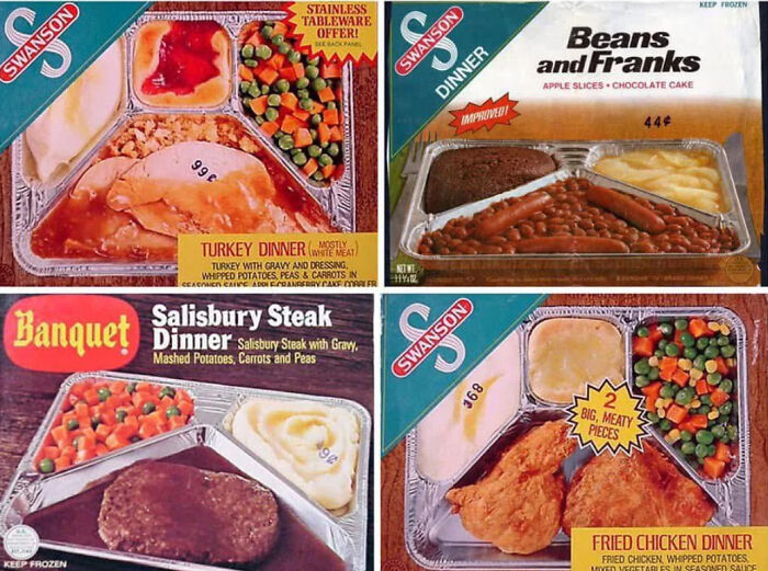 Vintage frozen dinners featuring turkey, beans and franks, Salisbury steak, and fried chicken meals from the past.