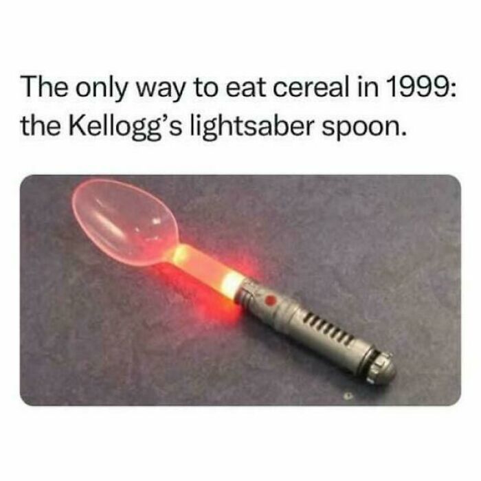 Kellogg's lightsaber spoon from 1999 glowing red, a nostalgic item that makes people who recognize it feel very old.
