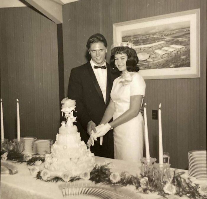 Vintage candid glimpse of a bride and groom cutting cake at a wedding, showing moments not found in history books.
