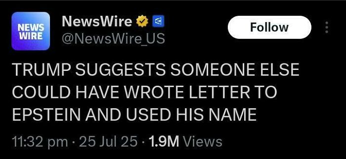Tweet screenshot showing Trump suggesting someone else could have written a letter to Epstein and used his name, a failed attempt moment.