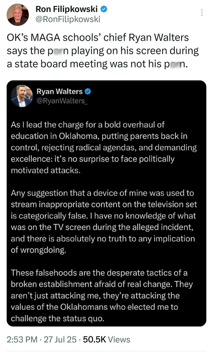 Tweet screenshot showing a public figure denying streaming inappropriate content during a state board meeting, a failed attempt moment.