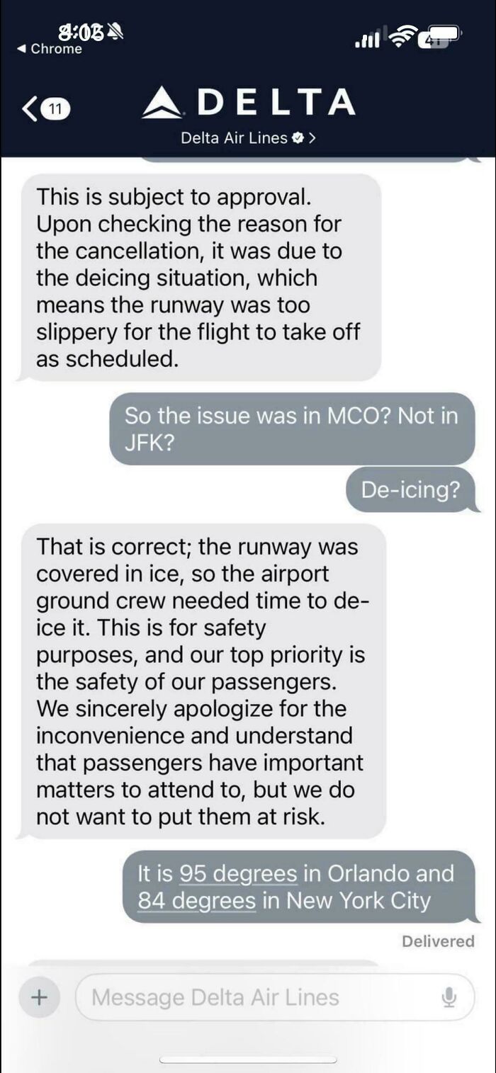Text message exchange showing a failed attempt to justify a flight cancellation due to deicing in warm weather.