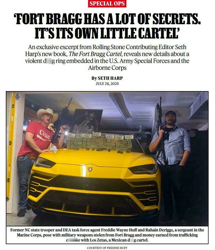 Two men posing with military weapons and stacks of cash on a yellow sports car in a failed there was an attempt moment.