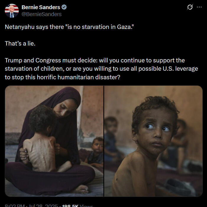 Tweet criticizing claims about Gaza starvation with images of severely malnourished children, illustrating failed humanitarian attempts.