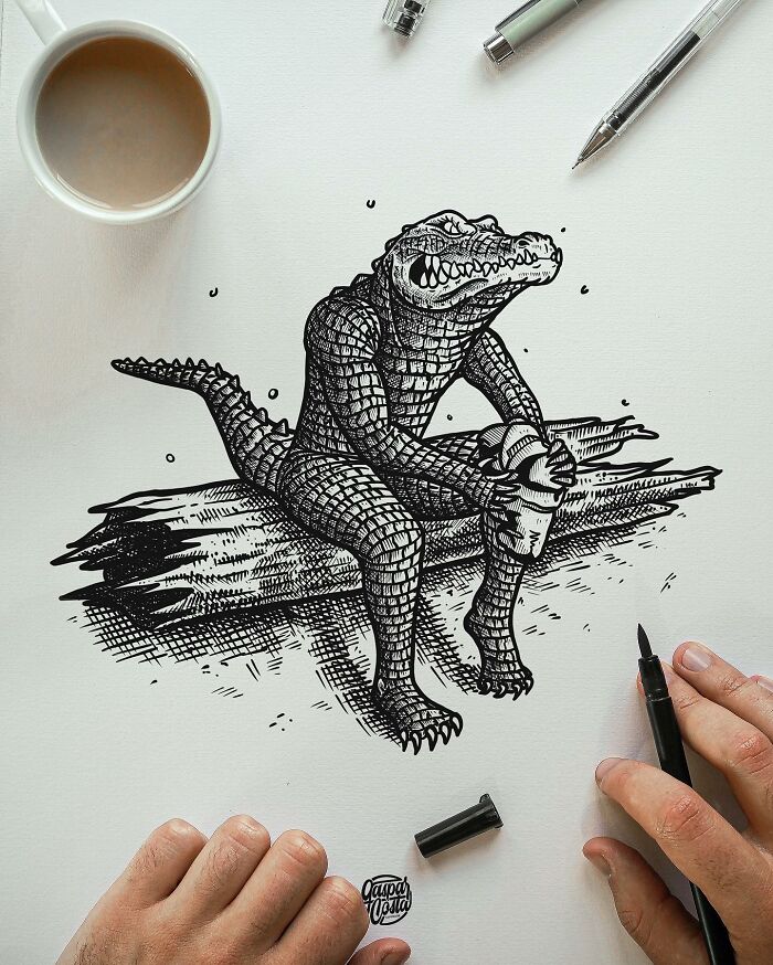 Detailed black-and-white illustration of a crocodile sitting on a log, created with fine pen strokes and shading.