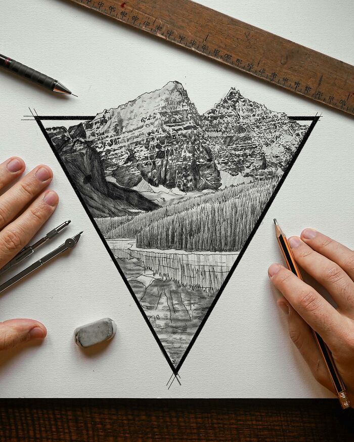Black-and-white illustration of a detailed mountain landscape inside a triangle, with drawing tools and hands visible.