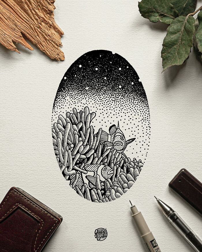 Detailed black-and-white illustration of underwater coral and fish, showcasing intricate line work and dot shading techniques.
