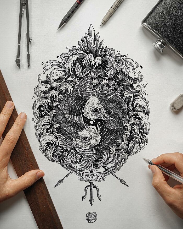 Highly detailed black-and-white illustration of Pisces fish being drawn with technical pens and drawing tools.