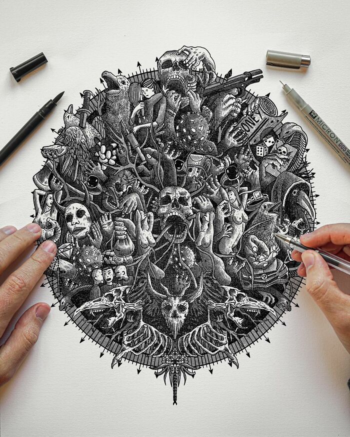 Highly detailed black-and-white illustration featuring surreal and macabre elements, created with fine pen work.