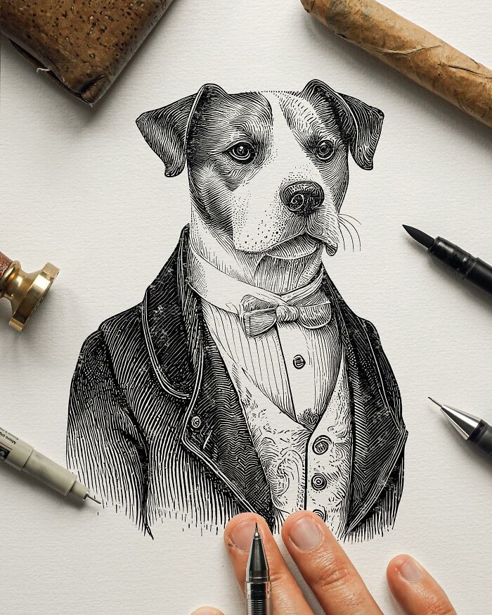Detailed black-and-white illustration of a dog dressed in vintage clothing with fine line work and shading.