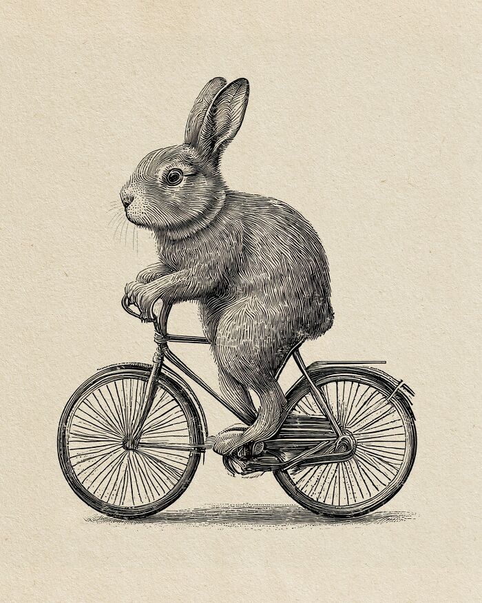 Detailed black-and-white illustration of a rabbit riding a bicycle with intricate line work on a plain background.