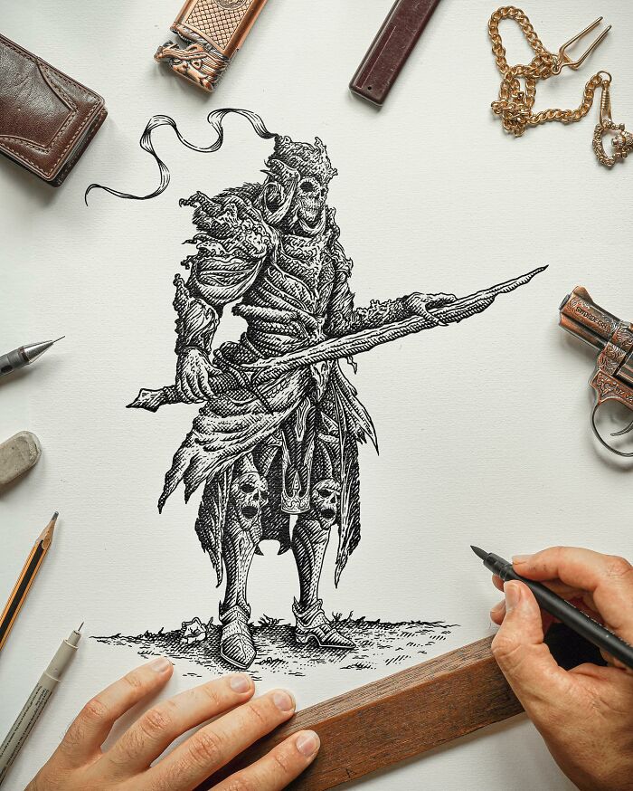 Detailed black-and-white illustration of an armored warrior with a spear, surrounded by drawing tools and artist hands.