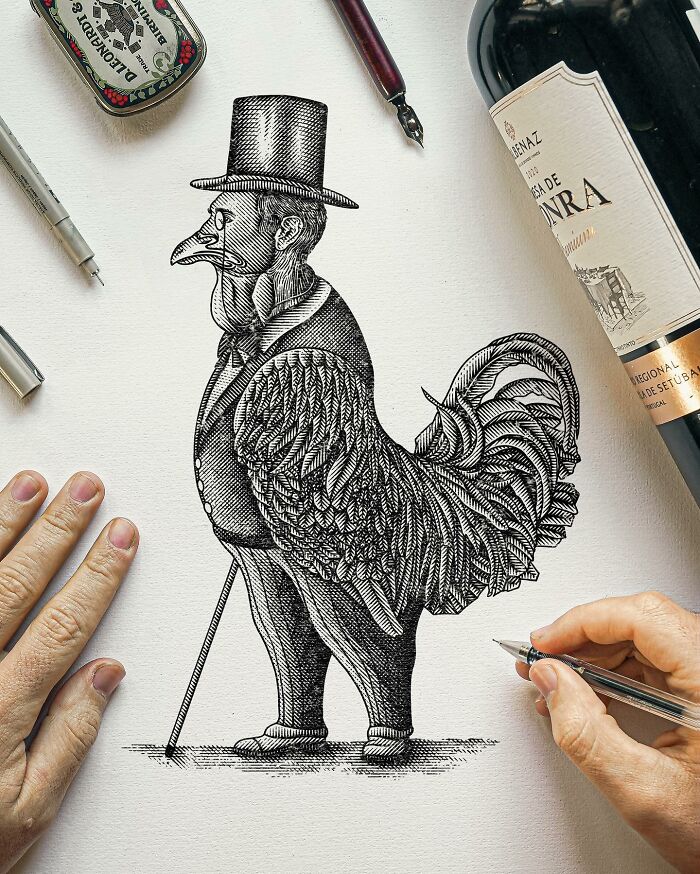 Detailed black-and-white illustration of a rooster with human features being drawn with precision and fine pen lines.