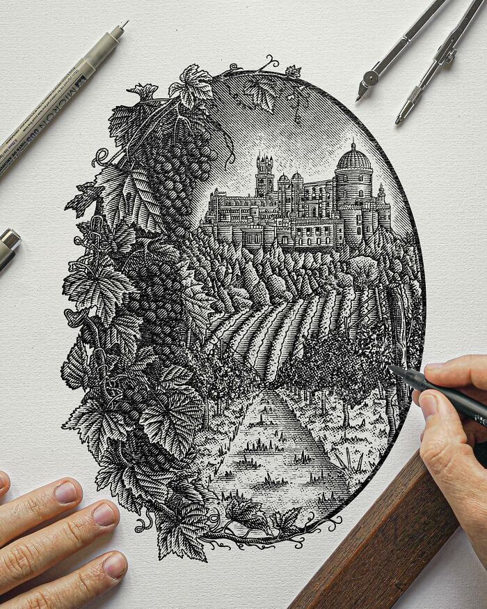 Highly detailed black-and-white illustration of a vineyard and castle being drawn with fine pen tools.