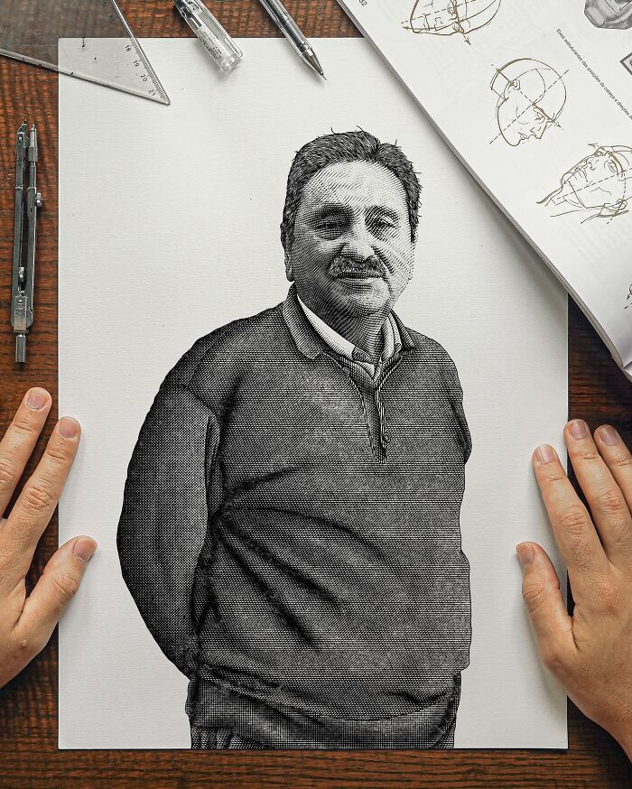 Highly detailed black-and-white illustration of a man created using precise crosshatching techniques on paper.