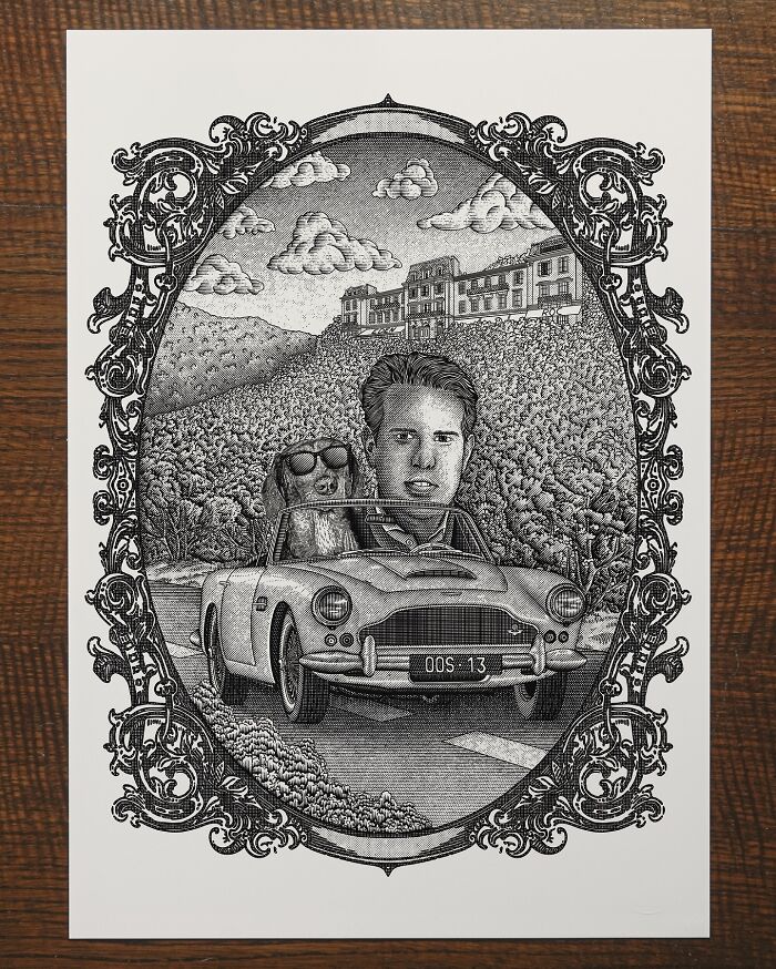 Black-and-white illustration of a man and dog in a vintage car with detailed landscape and ornate frame.