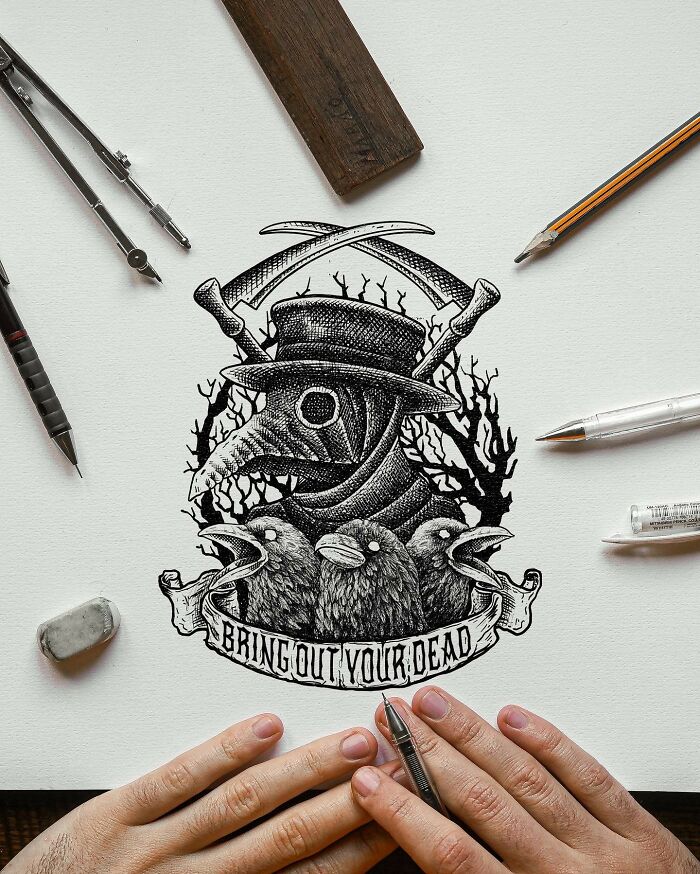 Detailed black-and-white illustration of a plague doctor with crows and intricate shading, surrounded by art tools on white paper.