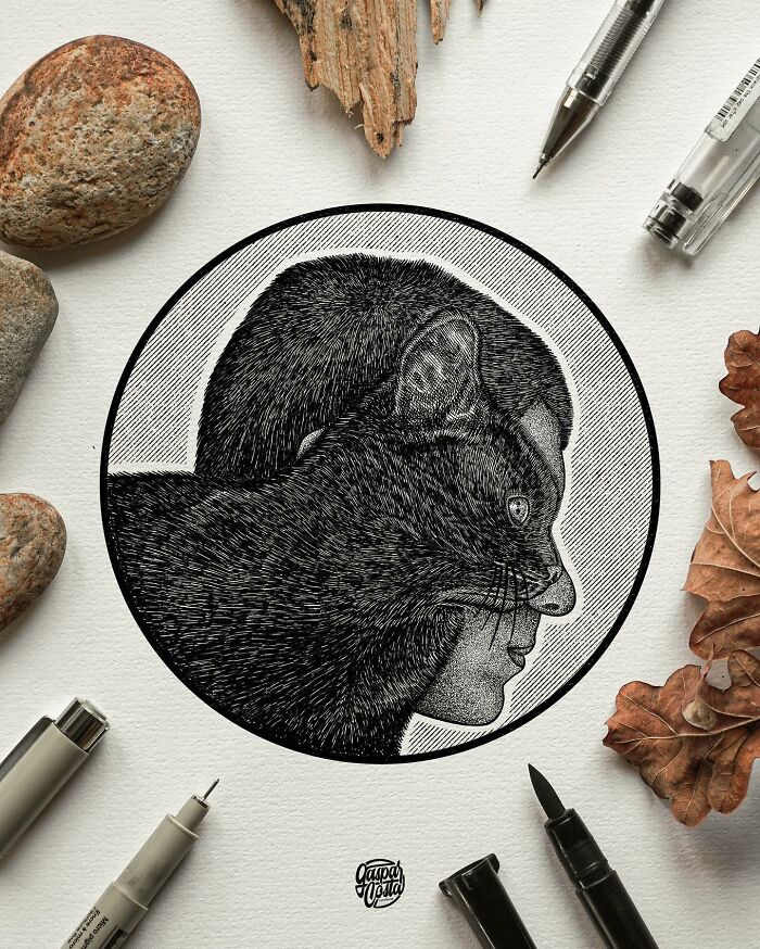 Black-and-white detailed illustration of a cat merged with a human face surrounded by drawing pens and natural elements.