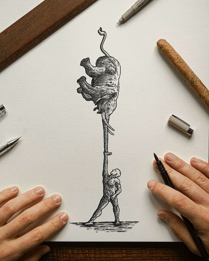 Detailed black-and-white illustration of a man balancing an elephant on his finger on textured paper with drawing tools nearby