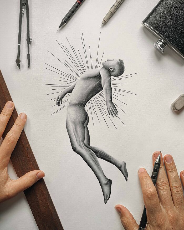 Highly detailed black-and-white illustration of a floating human figure surrounded by radiant lines on paper.