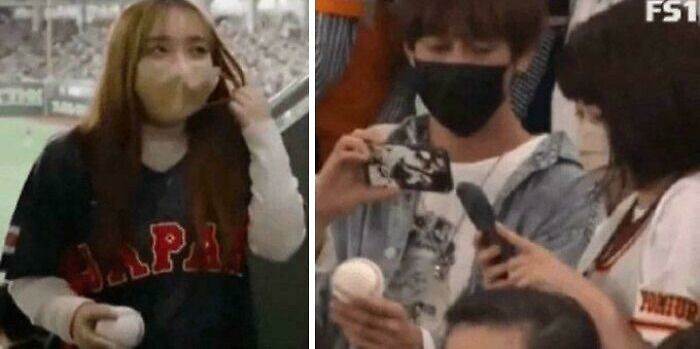 A young woman catches a Shohei Ohtani home run ball, which is passed around the stadium and returned to her.