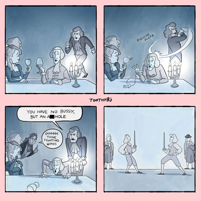 Dark humor comic by ToothyBj showing a 18th-century style dinner, insult, and duel scene in four panels.