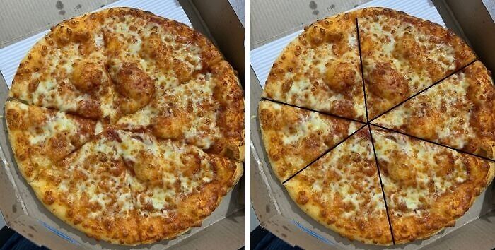 Pizza with uneven and imperfect slices, illustrating things that annoy people with OCD about food presentation.