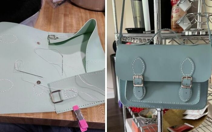 Leather crafting hobby project in progress and completed light blue stitched leather satchel bag on shelf.