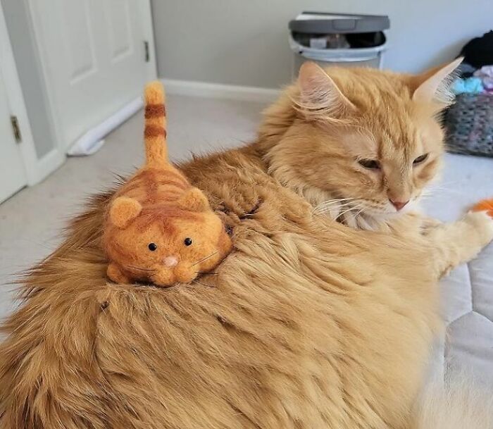 Orange cat lying down with a small matching stuffed cat on its back, showcasing creative hobbies to try at home.