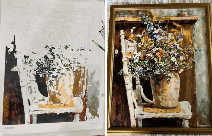 Painting hobby project showing a floral vase on a white chair, illustrating creative hobbies to try when exploring new interests.