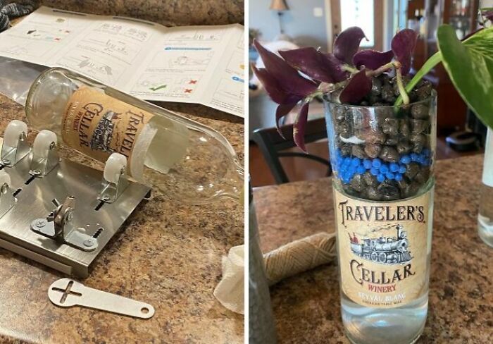 Glass bottle being cut and repurposed into a plant holder as a creative hobby to try when offline.