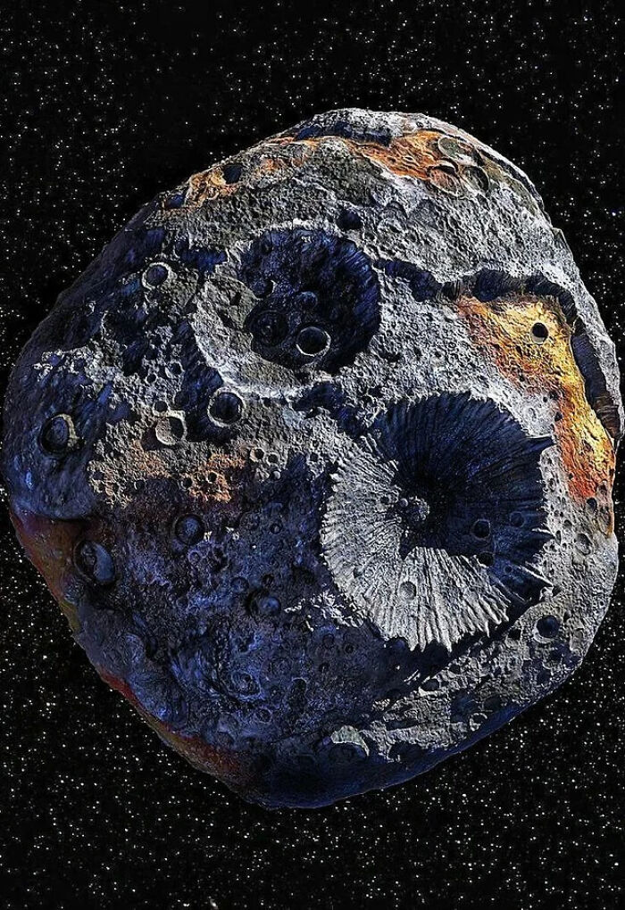 Close-up of a cratered asteroid floating in space, featured in an online group sharing interesting facts and pics.