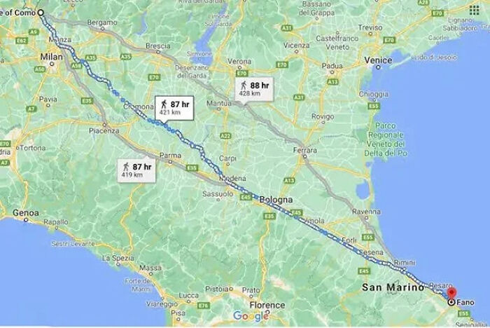 Map showing walking route from Lake Como to Fano, illustrating an interesting fact shared by an online group.