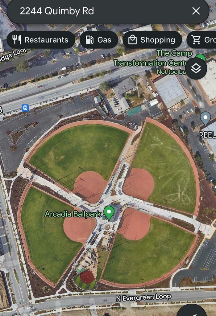 Aerial view of Arcadia Ballpark showing four baseball fields arranged symmetrically, illustrating imperfect things that annoy.